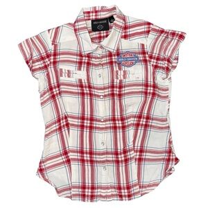 Harley Davidson Land of Liberty Pearl Snap Button-Up Red Plaid Women's shirt M